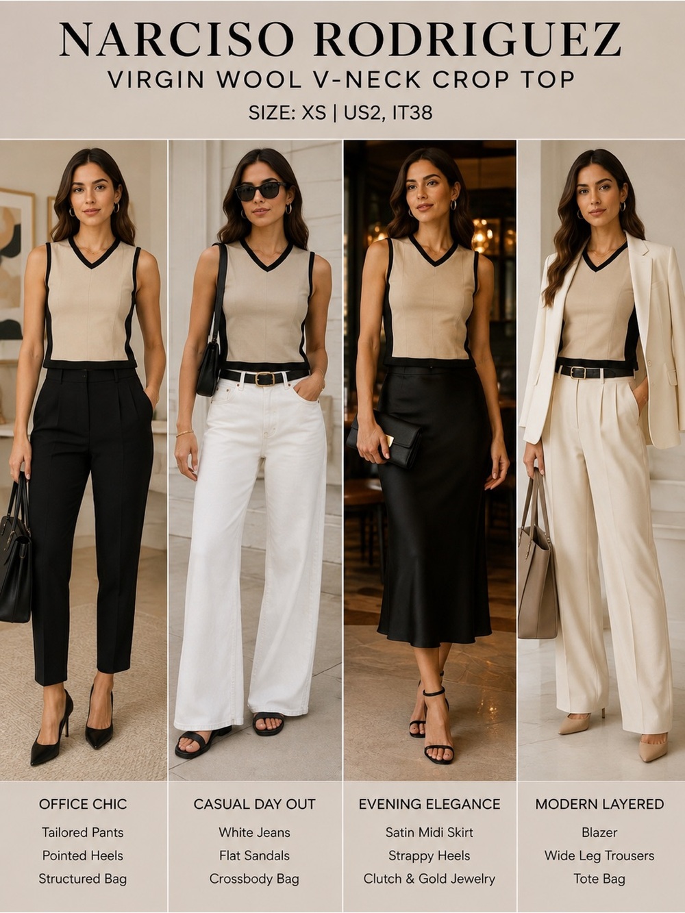 Narciso Rodriguez Virgin Wool Colorblock Crop Top XS Beige Black V-Neck